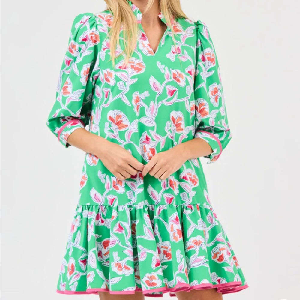 Green and Blue Ruffled Tiered Mini Dress with Puff Sleeves